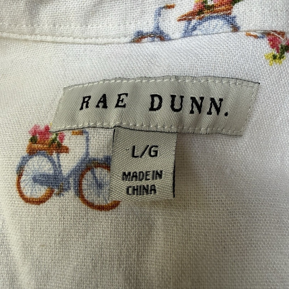 Rae Dunn Bicycle Print Button Down Shirt Women's Large White Linen Blend Top - Picture 4 of 7